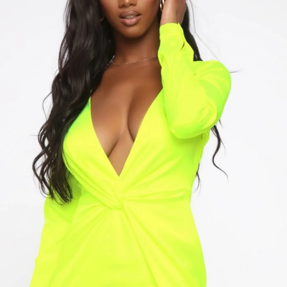 FASHION NOVA Sugar Free Dress Satin Neon Yellow NWT - Picture 4 of 14